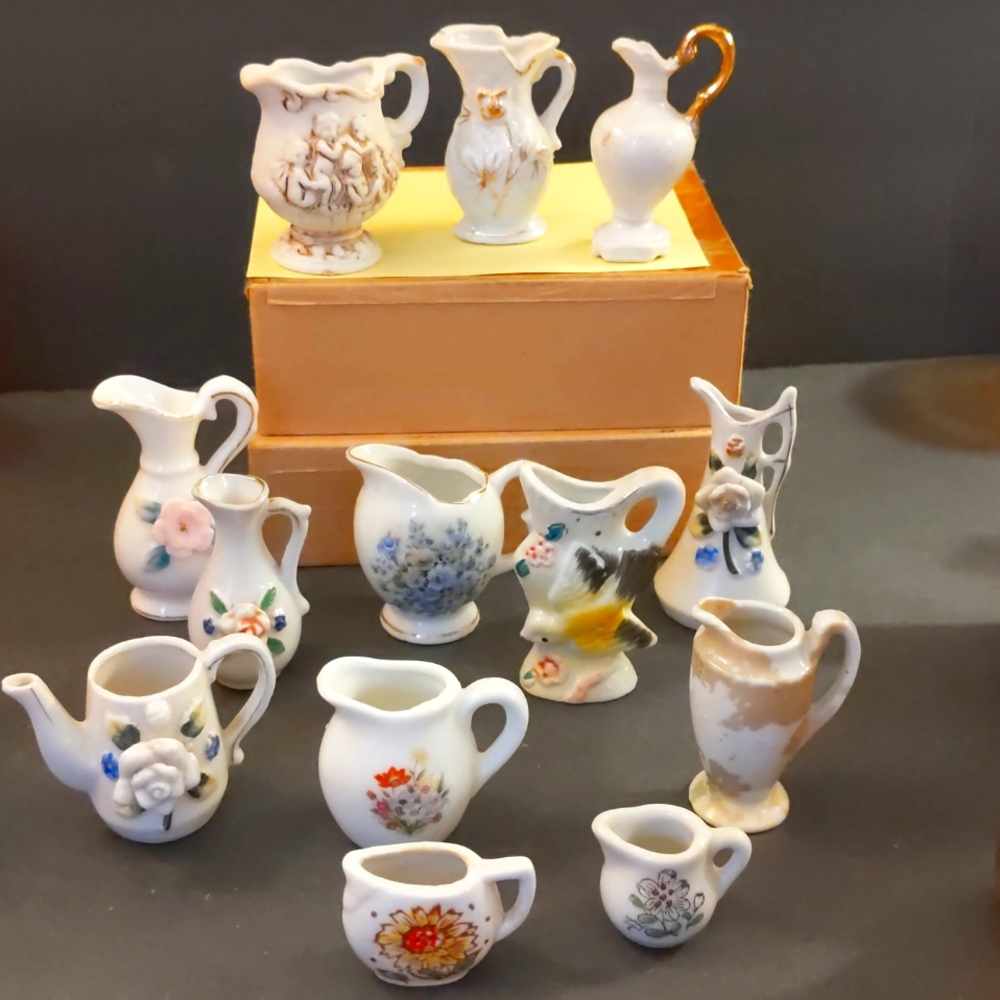 Vintage Miniature Ceramic Collection of pitchers all marked Japan lot of 13